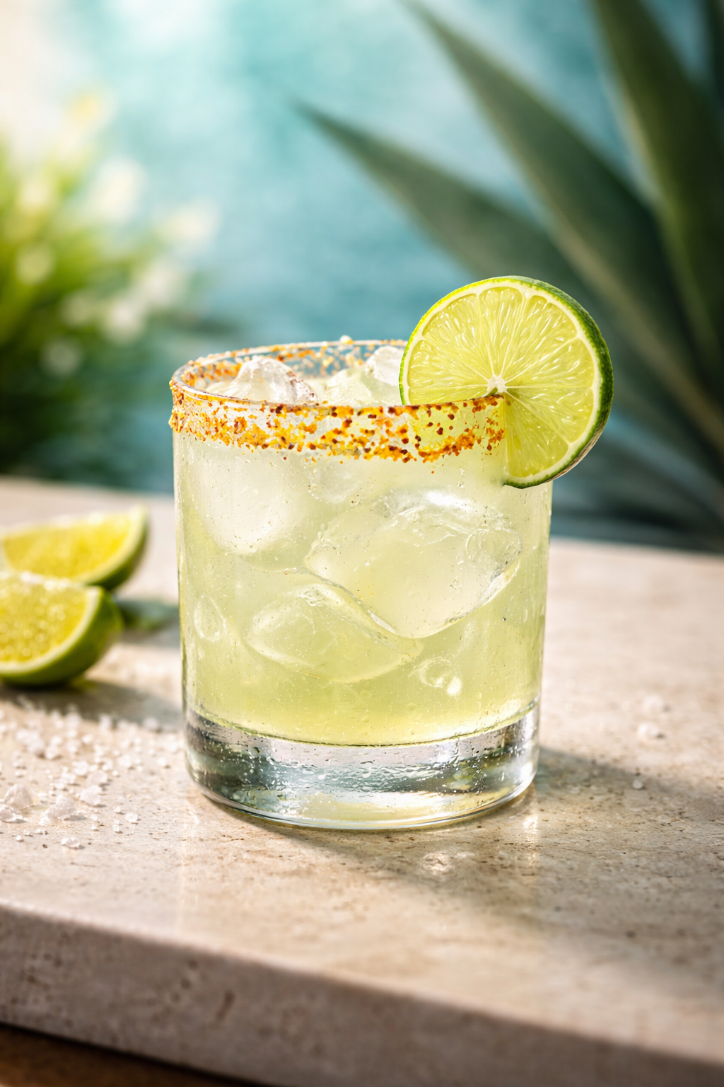 Blue Agave Margarita mezcal cocktail with lime garnish and Tajin rim