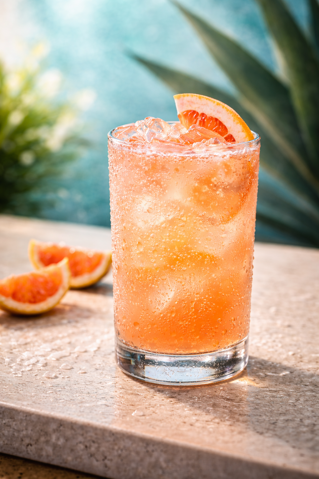 Amally Paloma mezcal cocktail with grapefruit garnish in highball glass