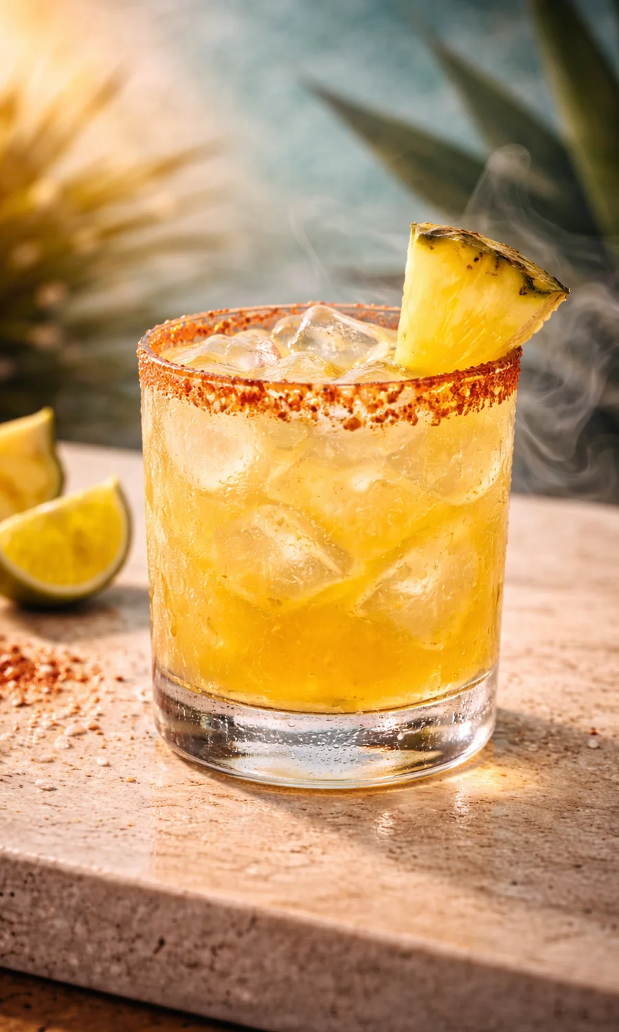 Smoky Pineapple mezcal cocktail with chili rim and pineapple garnish